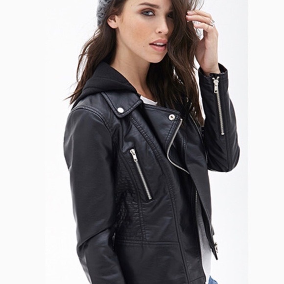 NWOT Forever 21 Faux Leather Jacket with Removable Hood Size S - Picture 6 of 6